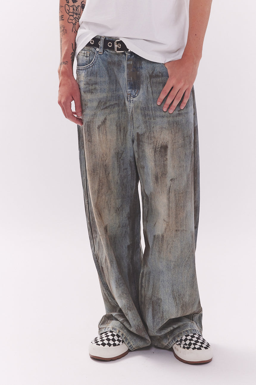 Vintage Mud Washed Wide Denim Pants