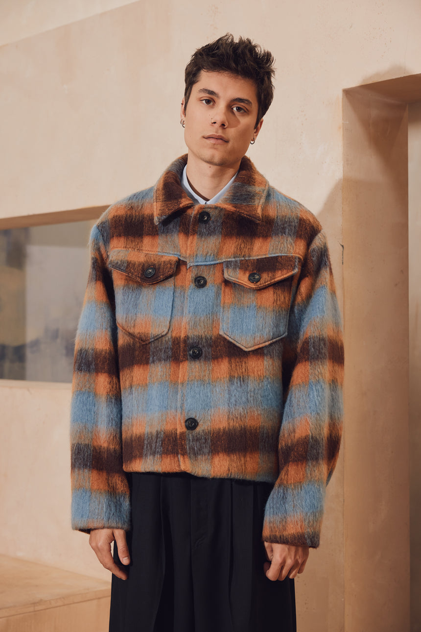 Plaid Brushed Mohair Padded Jacket